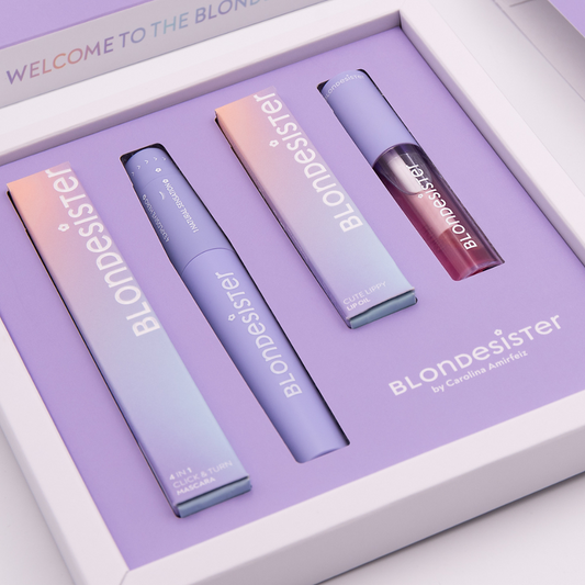 BLONDESISTER „Mini Box Essential“ dežutė (juodos spalvos tušas 12 ml ir bespalvis lūpų aliejus 2,5 ml)